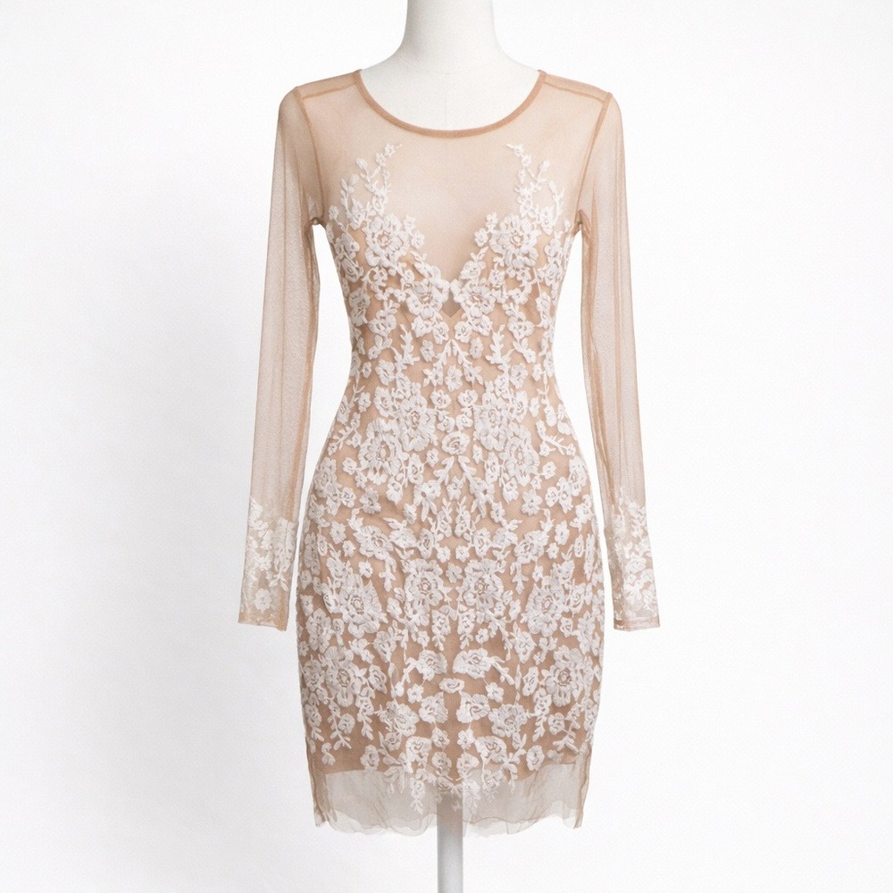 For Love & Lemons Nude Mesh Mini Dress with White Lace Appliqué